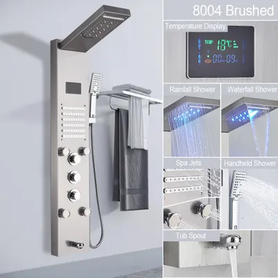Obrázok produktu pre Linuode LED svetelný sprchový panel vodopád dažďová sprchová batéria sada SPA masážny prúd vaňa sprchový stĺpec sprchová batéria veža, brúsený nikel 8004