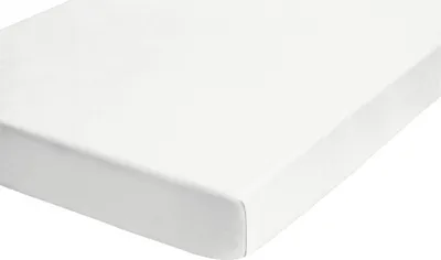 A white fitted sheet is shown from a diagonal angle against a white background.