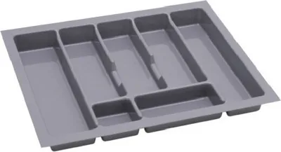 A gray plastic cutlery organizer with multiple compartments.