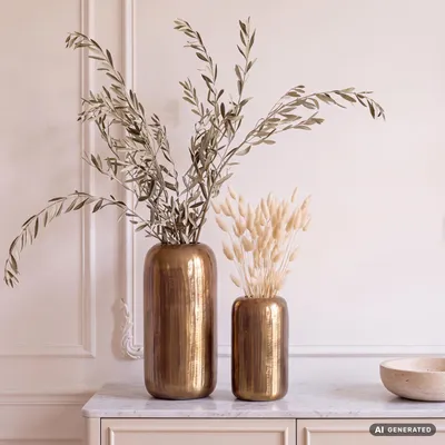 Image de Lot de 2 vases décoratifs FineBuy en aluminium doré, vases cylindriques ronds pour fleurs, 2 pièces, vases de table en aluminium, décoration d'intérieur, décoration de table en métal, fabriqués à la main, Image générée par une IA
