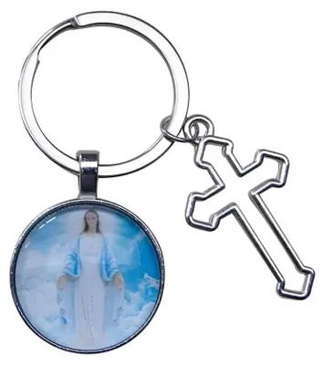Schlüsselanhänger Heilige Maria mit Kreuz, 6 x 3 cm, Edelstahl
