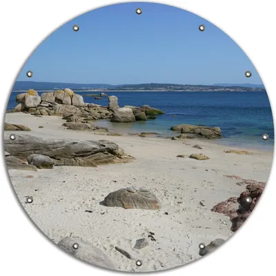 Produktbild von Wallario rundes Outdoor-Poster für Garten oder Balkon, Motiv Felsen auf einem Sandstrand, 90 cm Durchmesser