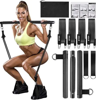 Produktbild von Famanu Pilatesstangset mit verstellbaren Widerstandsbändern - tragbar und vielseitig