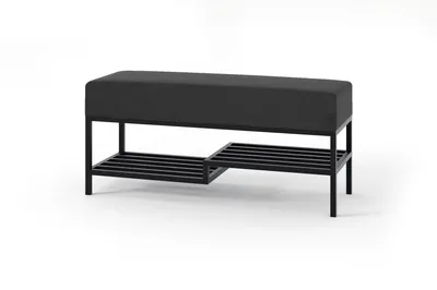 A black bench with a two-tiered shelf underneath, shown against a white background.