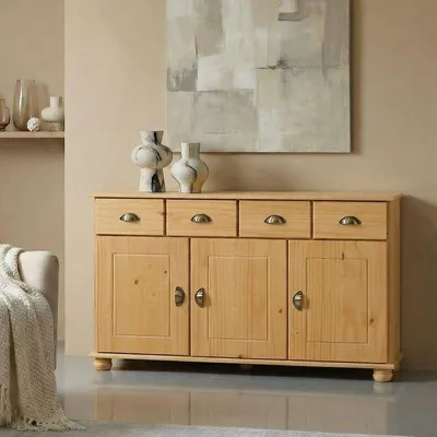Produktbild von Sideboard COLMAR, Gebeizt - Landhaus Kommode mit 2 Schubladen und 3 Türen, Kiefer Massivholz, Muschelgriffe aus Metall, ideal für Flur oder Wohnzimmer