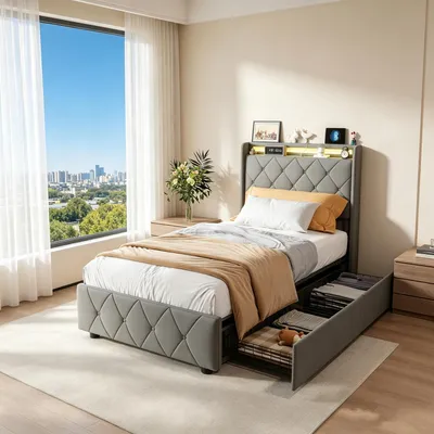 Produktbild von INONEFT Boxspringbett Polsterbett 90x200 mit LED & USB/C,Einzelbett Bett mit 2 Schubladen und Lattenrost,Bettgestell mit Stauraum-Kopfteil,Samt Grau