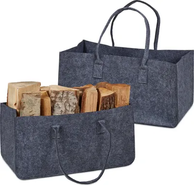 Image de Sac à bois de cheminée en feutre Relaxdays, lot de 2, capacité de 28 l, sac en feutre XXL, pour bois de cheminée, sac à bois de chauffage, gris foncé