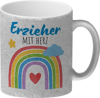 Produktbild von Regenbogen Glitzer-Kaffeebecher mit Spruch Erzieher mit Herz