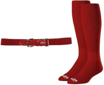 A red baseball belt and a pair of red baseball socks are laid out against a white background.