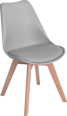 A single gray chair with wooden legs is shown against a white background.