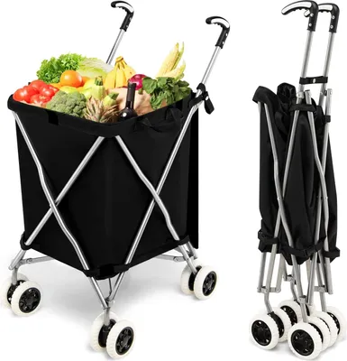 Produktbild von GOPLUS Klappbarer Einkaufswagen mit Rädern, Leichter Einkaufstrolley mit Zwei Lenkrollen, Abnehmbare Wasserdichte Oxford-Tasche, Kapazität bis zu 90 L/55 Kg (Schwarz)