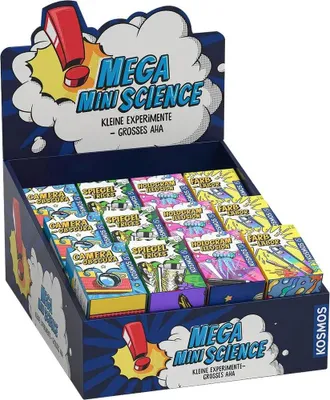 A display box of Kosmos Mega Mini Science kits, showing multiple small science experiment boxes with colorful packaging.