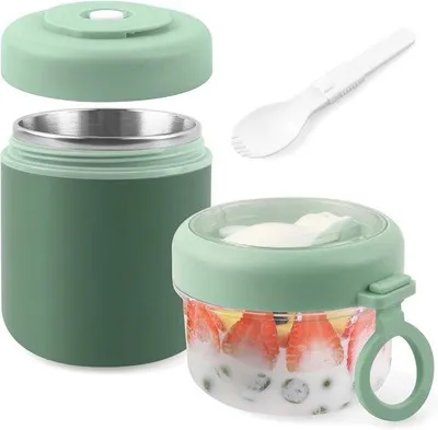 Produktbild von Famanu Müslibecher mit Löffel - 530 ml + 330 ml, auslaufsicher, geeignet für Gefrierfach und Spülmaschine