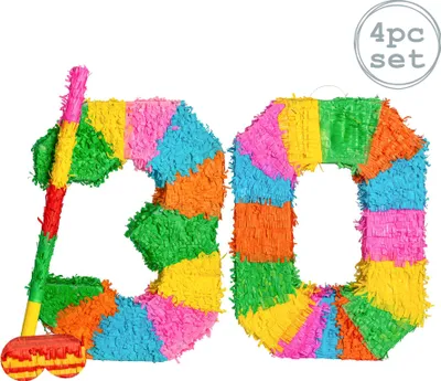 Produktbild von Fax Potato Piñata Set mit Stock & Augenbinde - 30. Geburtstag / Jubiläum - Regenbogen