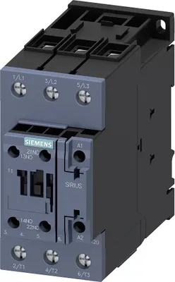 Produktbild von Siemens Schütz, AC-3e, 50 A/22 kW/400V, 3-polig, AC 230V/50Hz, 1S+1Ö, Schraubanschluss 3RT20361AP001AA0