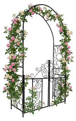 Obrázek produktu pro Relaxdays Růžový oblouk s brankou, ornamenty z popínavých rostlin, předzahrádka a zahrada, oblouk VxŠxH: 230 x 130 x 38 cm, kov, černý