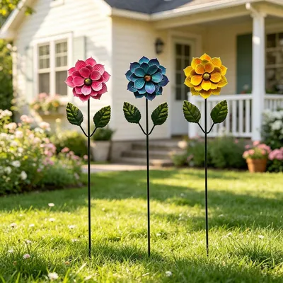 Produktbild von 3er Pack Metall Blumenstecker Bunte Gartenstecker Dekorative Gartenpfähle 39cm
