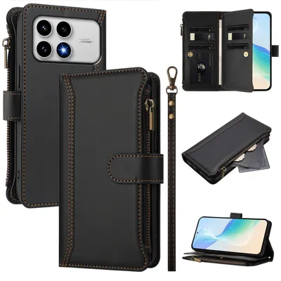 Produktbild von Handyhülle für Xiaomi Poco F8 Pro/Redmi K90 Reißverschluss Geldbörse Kunstleder Klapphülle mit Kartensteckplatz, Ständer, Handschlaufe Schwarz