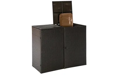A dark brown, woven storage unit with its lid open, revealing a tan bag inside.