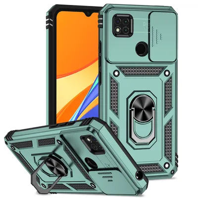 Immagine prodotto di Custodia per Xiaomi Redmi 10A / 9C a doppio strato con copertura scorrevole della fotocamera e supporto ad anello verde
