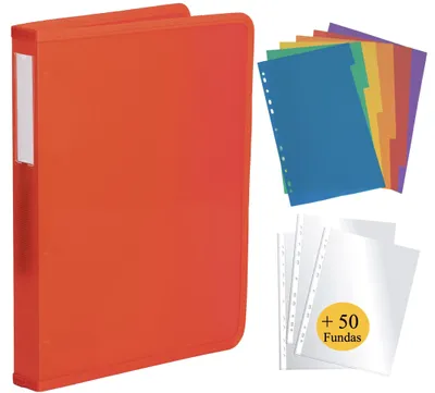 Obrázok produktu pre Omgoods – Plastová priečinok s 4 krúžkami a 50 plastovými obálkami formátu A4 – červená