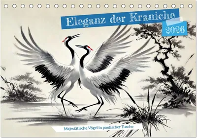 Produktbild von Eleganz der Kraniche - Majestätische Vögel in poetischer Tusche (Tischkalender 2026 DIN A5 quer), CALVENDO Monatskalender