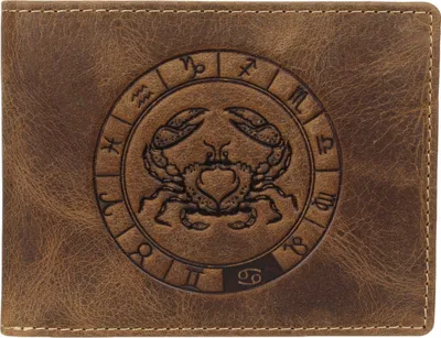 Produktbild von Greenburry Geldbörse Herren Leder braun antik Vintage mit Sternzeichen Motiv KREBS Prägung Portemonnaie 12,5 x 9,5cm