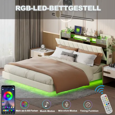 A bedroom scene featuring a bed with LED lighting and a headboard with storage.
