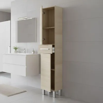 Produktbild von Badezimmersäule Dokerek, Badezimmerwandschrank mit 2 Türen und 1 Schublade, hoher Kleiderschrank, 35x31h182 cm, Eiche