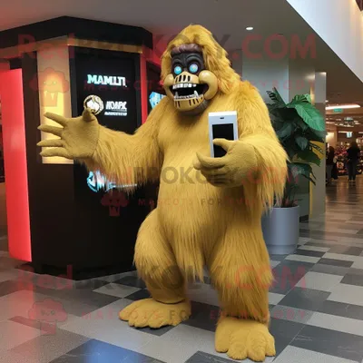 Productafbeelding van Gouden Sasquatch mascotte REDBROKOLY kostuum karakter gekleed met een midi-jurk en portefeuilles
