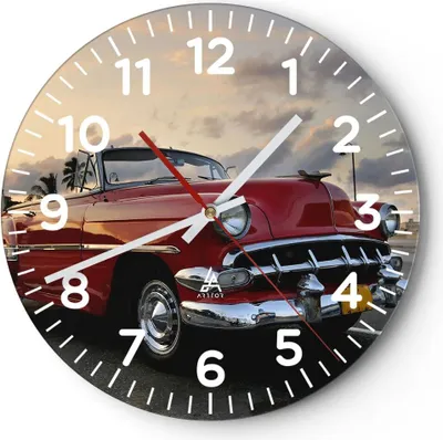 Produktbild von Wanduhr - Rund - Glasuhr - Auto Kuba Himmel - 40x40cm - Schleichendes Uhrwerk - Lautlos - zum Aufhängen bereit - Dekoration Modern - Wanddekoration aus Glas - C4AR40x40-0186
