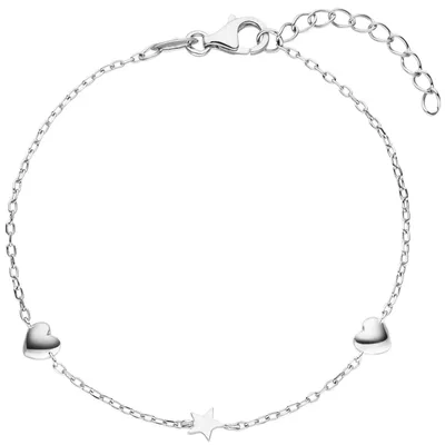 Produktbild von Armband Armkette Ankerkette 2 Herzen mit Stern 925 Silber rhodiniert 16-19cm