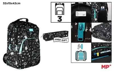 Immagine prodotto di Zaino a tre scomparti nero 32x12x38 cm + astuccio - MP Main Paper