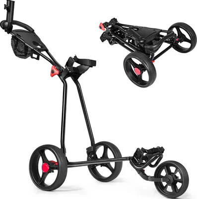 Produktbild von COSTWAY 3-kolesový golfový vozík, skladací, golfový vozík s nastaviteľnou rukoväťou, kovový golfový vozík, golfový vozík so slnečníkom, držiakom na pohár a telefón, čierny