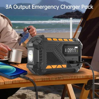 Obrázok produktu pre Prenosné núdzové rádio AM/FM s funkciou NOAA Weather Radio, solárnou nabíjačkou a ručnou kľukou, LED baterkou a lampičkou na čítanie, s powerbankou 4000 mAh pre kempovanie v prírode