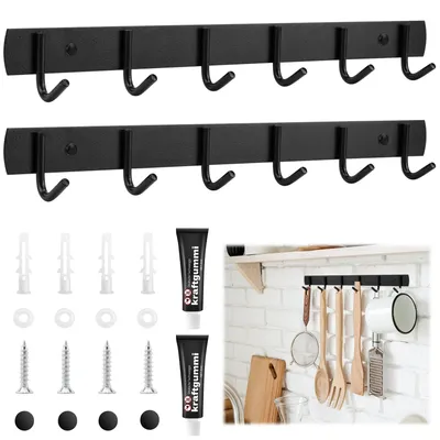 Image de Barre à crochets de cuisine en 2 parties, barre à crochets avec 6 crochets, crochets en acier inoxydable, barre à crochets de cuisine de 32 cm, crochets muraux pour salle de bains, salon et couloir (noir)