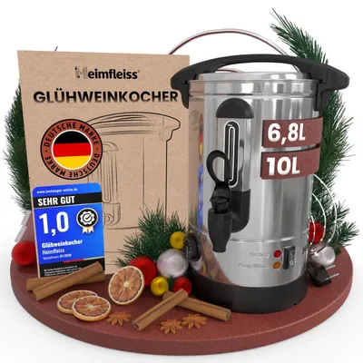 Produktbild von Heimfleiss Glühweinkocher Edelstahl 6,8 Liter mit Zapfhahn Heißgetränkespender Einkochautomat 1500 W 30-110 Grad Silber