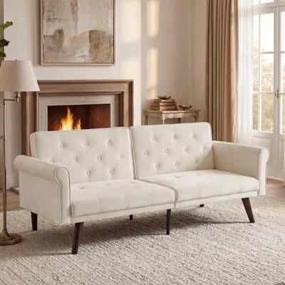 Produktbild von Klappbares Futon-Sofa Bett, 150 cm Schlafcouch mit 5-fach verstellbarer Rückenlehne, modernes Loveseat für kleine Räume, Gästebett & Wohnzimmer, Beige