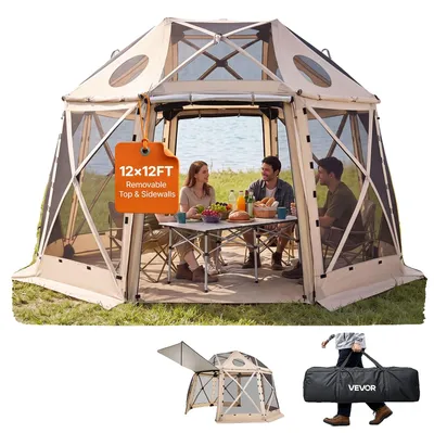 Image de VEVOR Pop-up Pavillon 3,6 x 3,6 m, tente de camping sphérique à 13 côtés avec toit amovible & sac de transport, aération à 360° protection solaire, tente de réception pour 8-10 personnes, beige