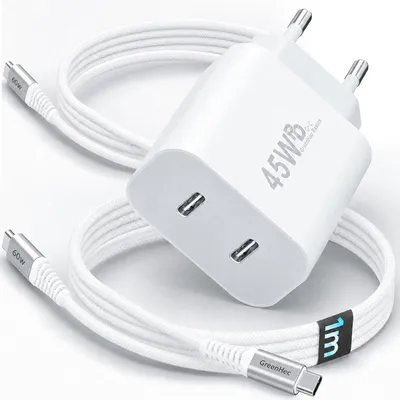 Produktbild von 45W USB-C Schnellladegerät Charger mit GaN-Technologie für Handy, iPhone, Samsung S21-S25, Tablet, iPad Dual Port PD - Ladegerät + 2x 1m Kabel, KI-generiertes Bild