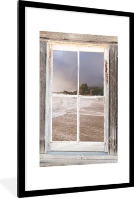 Produktbild von MuchoWow® Gerahmtes Poster Durchblick - Holz - Strand 60x90 cm - Poster mit Schwarzem Bilderrahmen Wandposter Rahmen Foto Bilder - Dekoration - Wandposter Wohnzimmer - Hochwertig