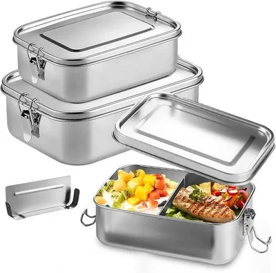 Produktbild von Famanu Brotdose aus Edelstahl - 3-teiliges Set - auslaufsicher - mit Fächern - 2400 ml, 1400 ml und 850 ml