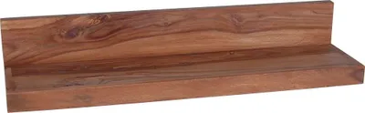 A wooden shelf against a white background.