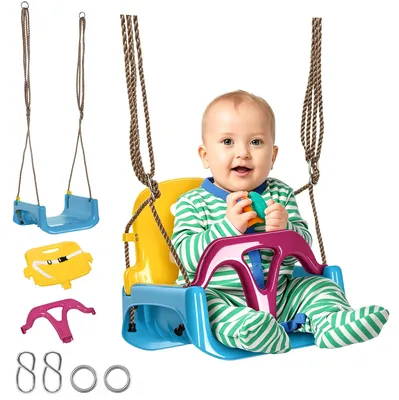 Productafbeelding van 3-in-1 kinderschommel, in hoogte verstelbaar, afneembare rugleuning, voor binnen en buiten, blauw+geel, 42 x 33 x 180 cm