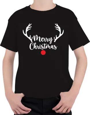 Produktbild von Merry Christmas Rote Nase Rudolf Rentier - Weihnachten Weihnachtsgeschenk Christmas Uni Kinder T-Shirt, Schwarz, 116