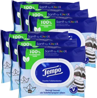 Produktbild von Tempo Feuchte Toilettentücher Sanft für Kinder 42 Tücher (6er Pack)