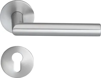 A stainless steel door handle set with a round escutcheon plate.