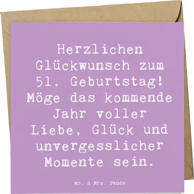Produktbild von Mr. & Mrs. Panda Glückwunschkarte Spruch 51. Geburtstag - Lavendeltraum - Geschenk, Jubiläum, Klappkarte, Herzlichen Glückwunsch, Zuneigung, Lächeln, anlasskarte, Feier