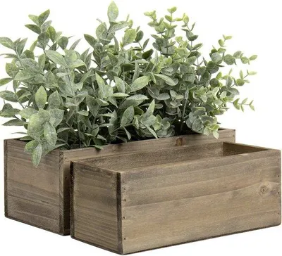 Zdjęcie produktu dla Zestaw drewnianych doniczek składający się z 2 prostokątnych pojemników w stylu vintage shabby chic – naturalne, drewniane skrzynki o walorach dekoracyjnych