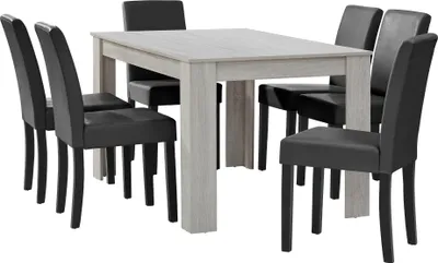 Produktbild von [en.casa] Esstisch Eiche weiß mit 6 Stühlen dunkelgrau Kunstleder gepolstert 140x90 Essgruppe Esszimmer